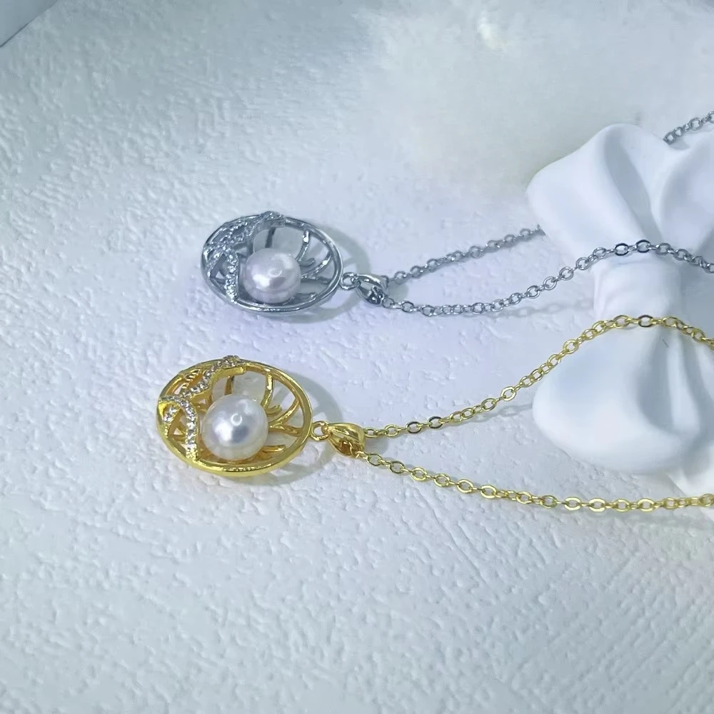 HENGSHENG 7-8mm 100% Natural Freshwater Pearl Round Pendant Necklaces for Women Tree Retro Style Chain Women Necklaces Jewelry