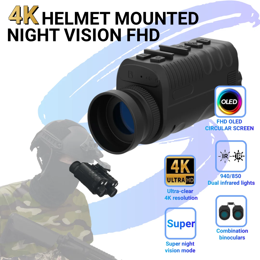 NVG07S 4K Helmet Mounted Night Vision Device IR 850NM/940NM Ultra-clear 4K Resolution support Compass For wildlife observation