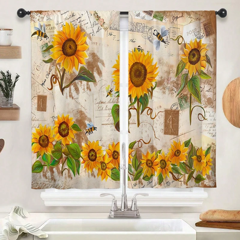 2 PCS Rustic Sunflower Kitchen Curtains Hot Sale Vintage Floral Butterfly Pattern Cafe Curtain Layer Home Decor Blackout Fabric