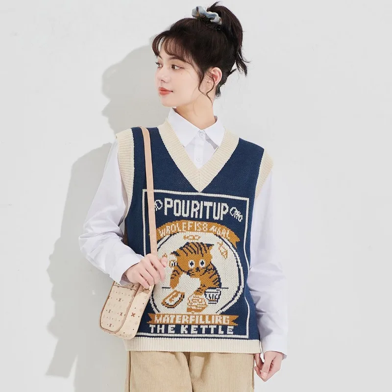 Japanese Cute Cat Jacquard Sleeveless Knit Vest Women Student Spring Autumn Outer Wear Layering Tops Waistcoat Sweet Girls Tops