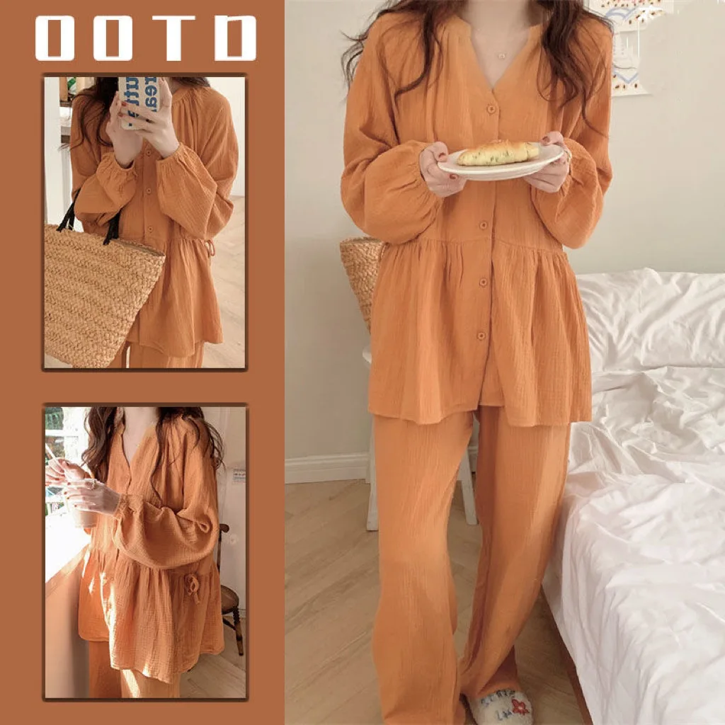 Orange Sleepwear Women Pajama Sets Korean Style Pants Sets for Women 2 Pieces Ruffles Night Wears Autumn V-neck Button Home Suit