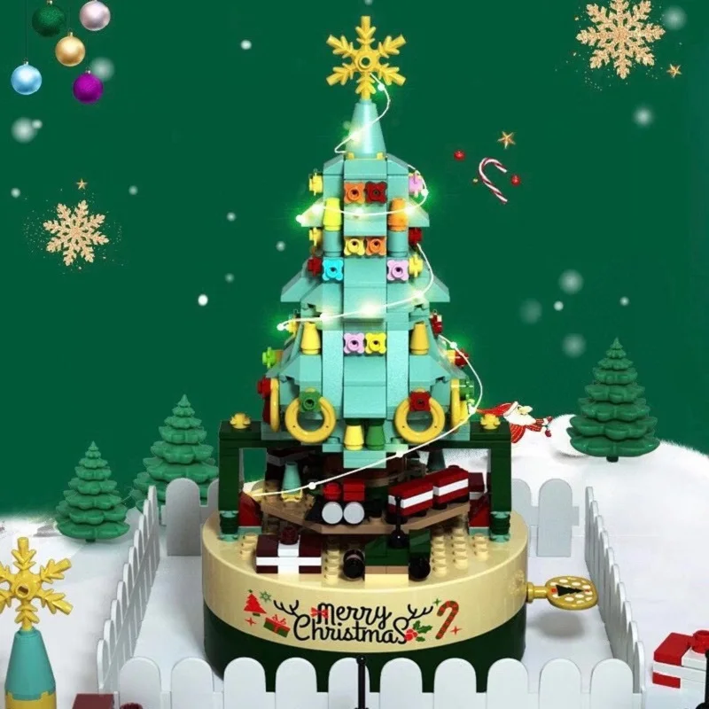 Christmas Tree Blocks Music Box Compatible Bricks Spinning Train Colorful Christmas Decoration Octave Box Kids Xmas Gift Ornamen