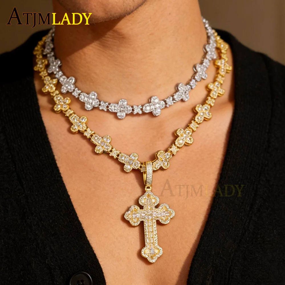 

2026 New Iced Out Cross Pendant Necklace For Women Men Star Link Chain Praying Hands Bling CZ Charm Fashion Hip Hop Jewelry