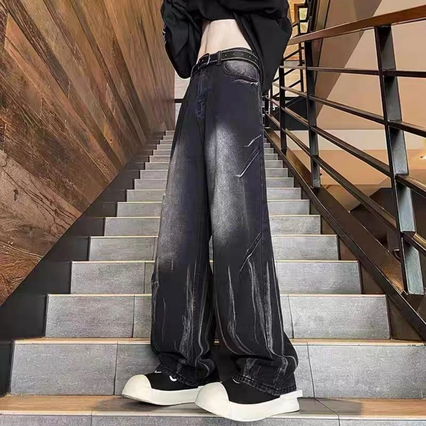 

Мужские джинсы Bla adient, окрашенные, весенние, в стиле американской уличной моды, свободные, повседневные, длинные, широкие, прямые штанины