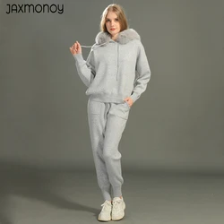 Jaxmonoy Women's Sweater and Pant Sets With Real Fox Fur Collar Ladies Autumn Fashion Knitted Two Piece Set With Hooded Female