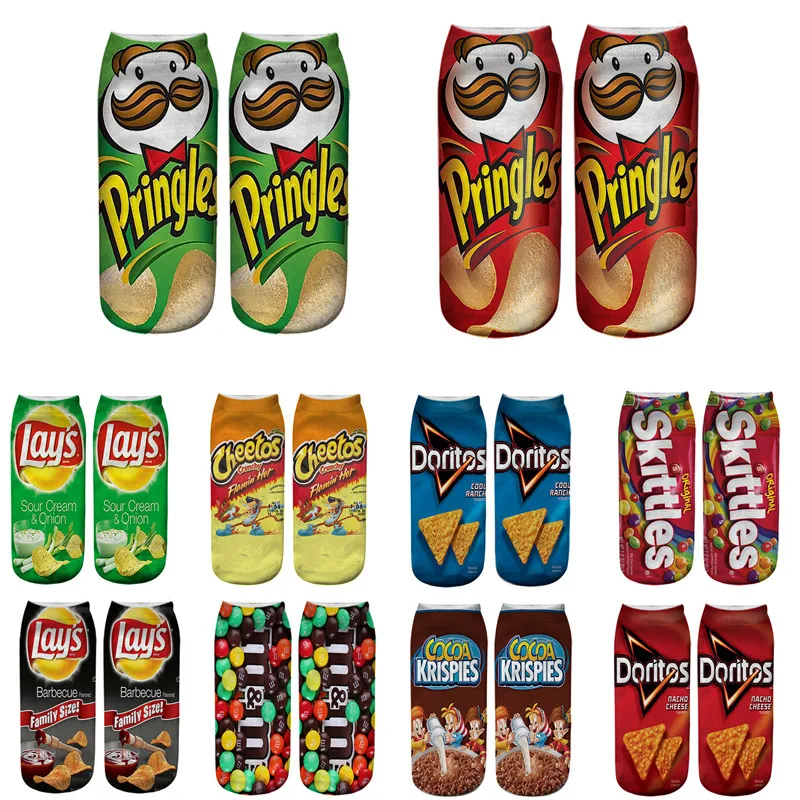 Calcetines cortos de algodón con estampado 3D de dibujos animados para hombre y mujer, medias divertidas y bonitas con patatas fritas y patatas fritas, para verano y primavera