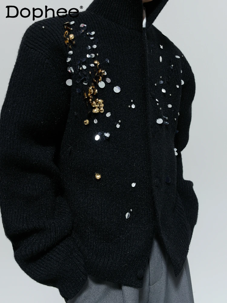 French Fashion Trend Heavy Sequin Cardigan High Neck Sweater Loose Casual Stylish Boy Ins Knitted Sweater