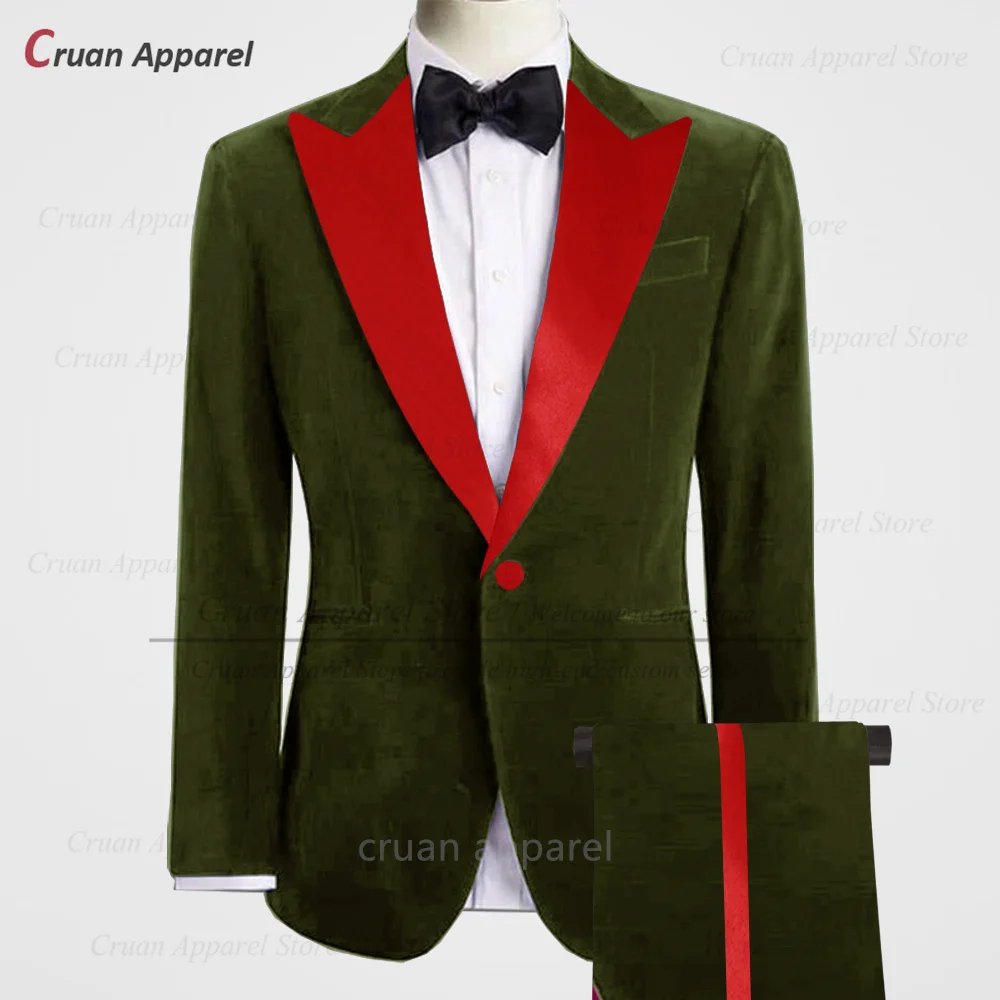 

Men Velvet Suit Set Festive Party Tailor-made Fashion One Button Outfit Wedding Gala Classic Red Peaked Lapel Blazer 2 Pieces