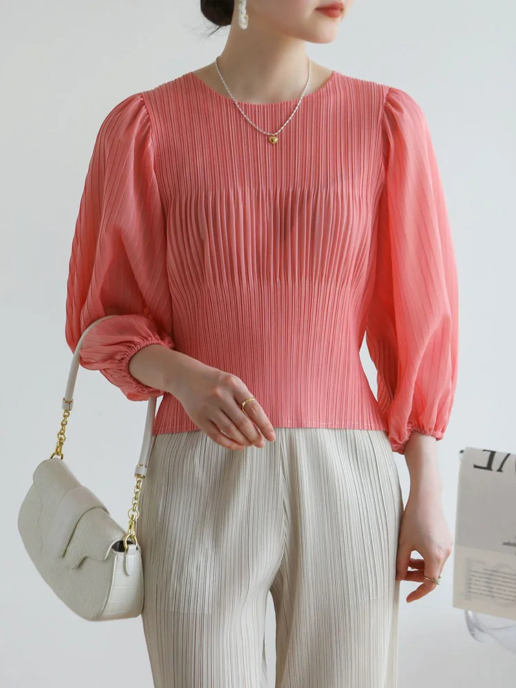 GVUW Pleated Round Collar T Shirt Women Solid Color Versatile Casual Summer Female New 2024 Elegant Lady Clothing 17G6424