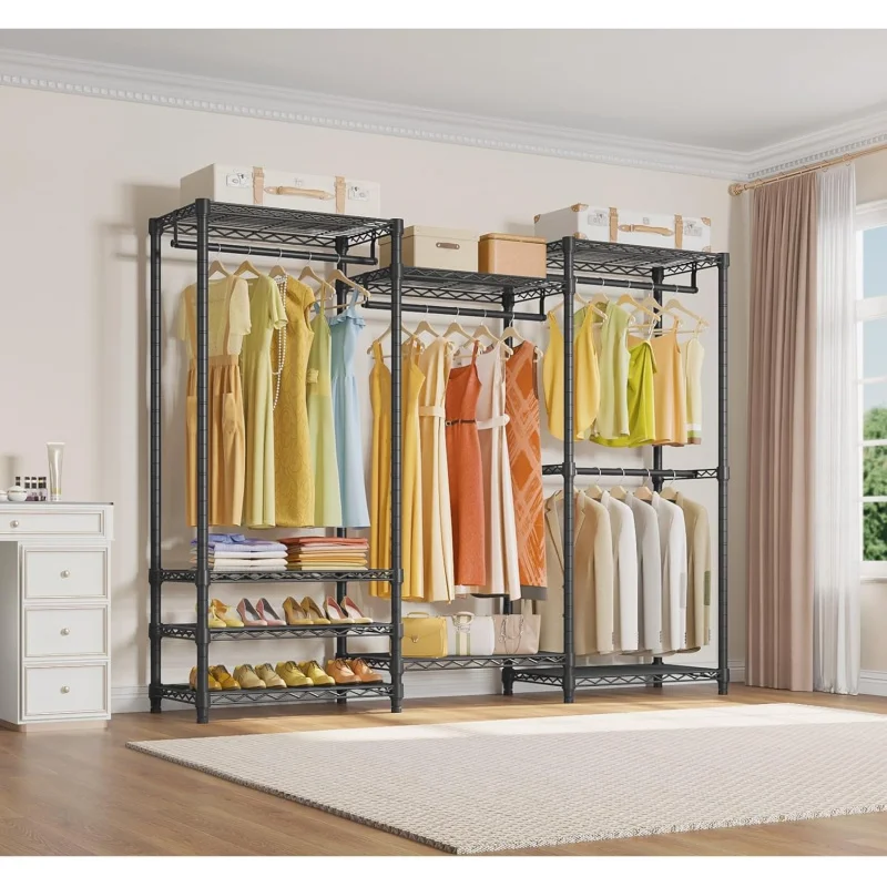 Portable Closet Wardrobe Heavy Duty Clothes Rack, Freestanding Clothing Rack with 4 Hang Rods & 8 Shelves