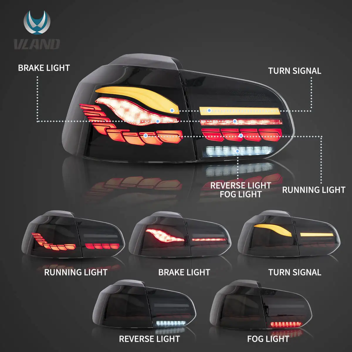 08-14 Golf 6th Gen Mk6 Hatchback Vland II OLED Tail Lights With Dynamic Welcome Lighting (GTS Style)