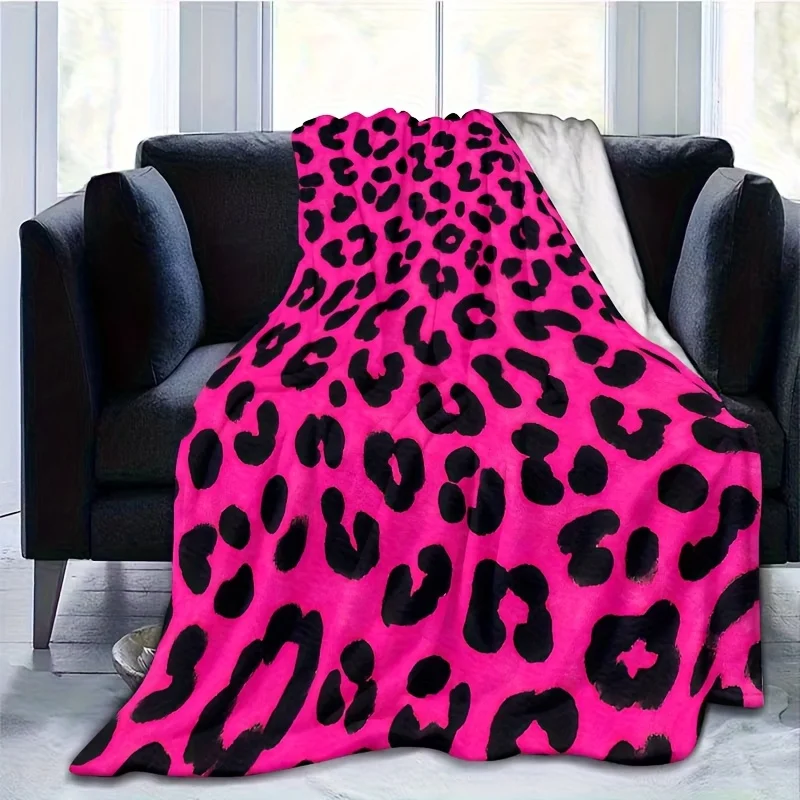 1pc Soft Flannel Rectangular Sofa Blanket, Pink And Black Leopard Print Fabric with Black Spots, Modern Style, Soft And Comforta
