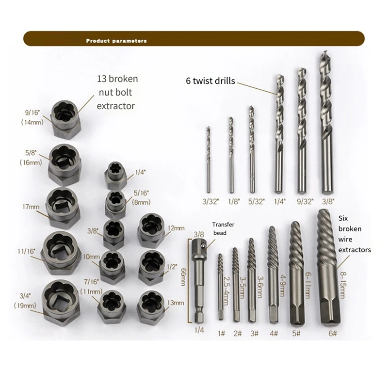 26 PCS Broken Nut And Bolt Extractor Sets Silver Metal Are Used To Remove Damaged Screws