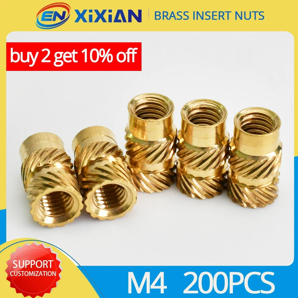 200pcs M4 Insert Nut Brass Hot Melt Female Knurled Thread Inserts Copper Nuts Embed Parts Pressed Fit into Holes for Plastic