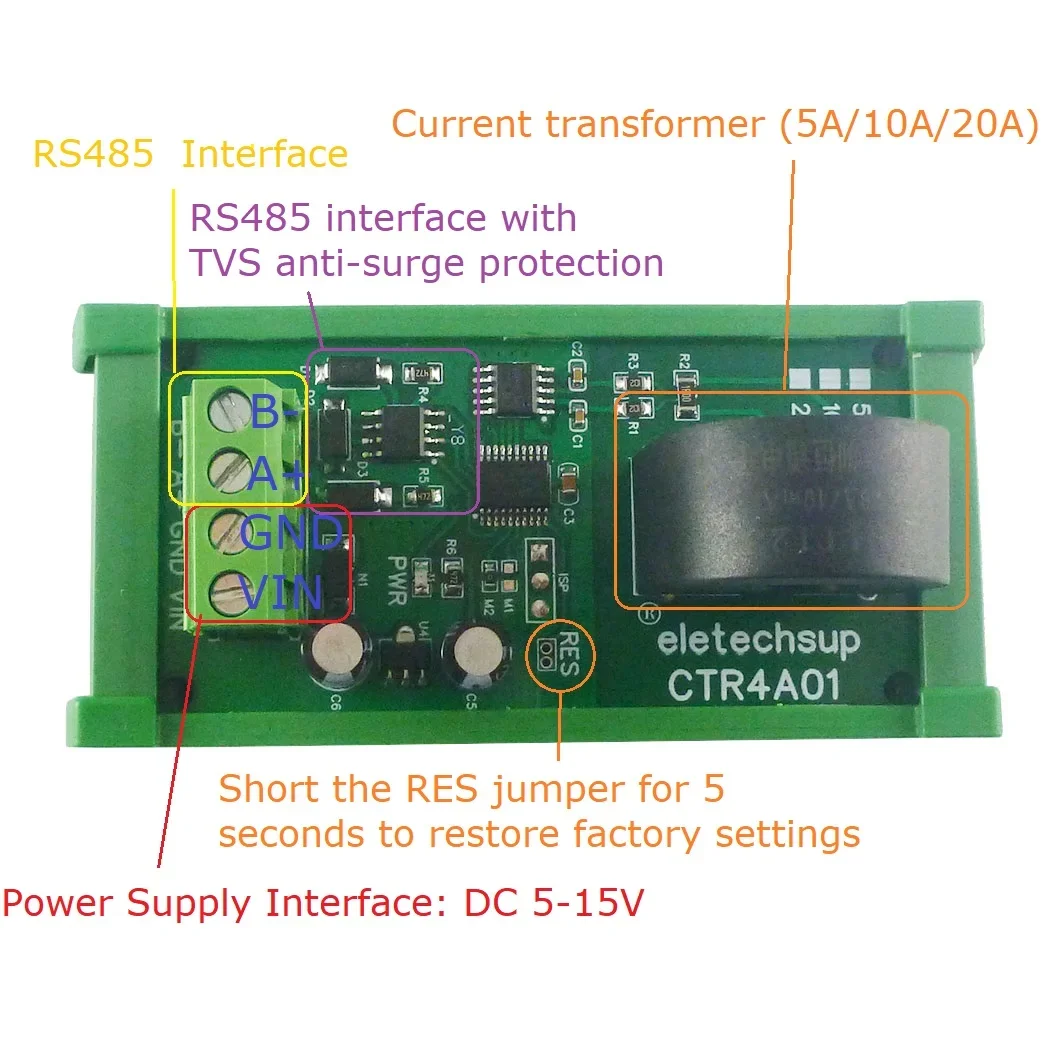 

CTR4A01 110 220V 50HZ/60HZ RS485 Current Collector Ammeter MODBUS PLC Current Analog Acquisition AC Transformer Meter Module