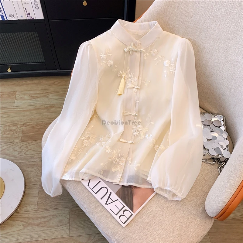 2024 new chinese tassel plate buckle stand collar chiffon shirt female tang suit new jacquard embroidery hanfu element top t001