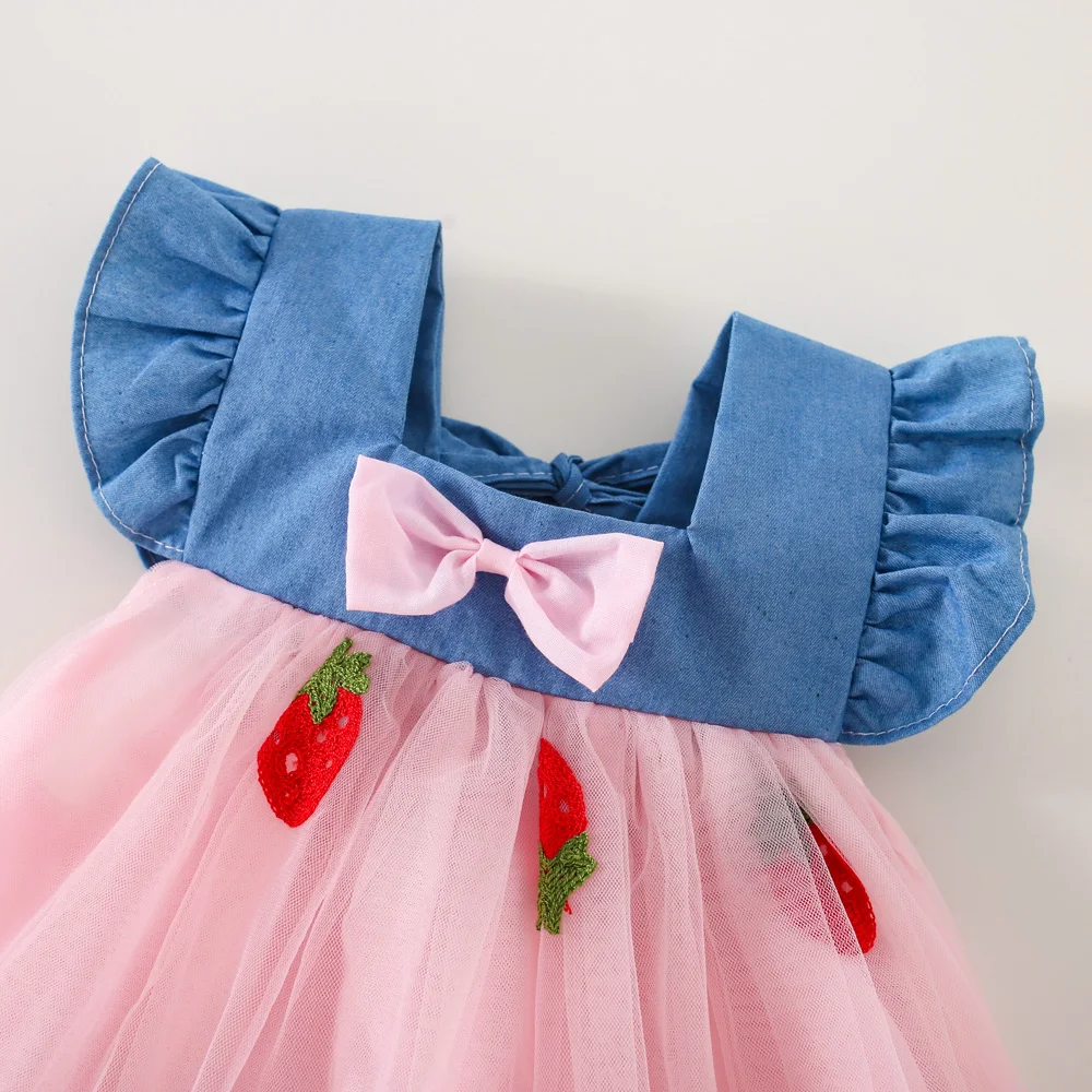 Summer Baby Girl Dress With Mesh Fruit Strawberry Prin Bow Sweet Beauty Baby Dress (0-3 Years Old)