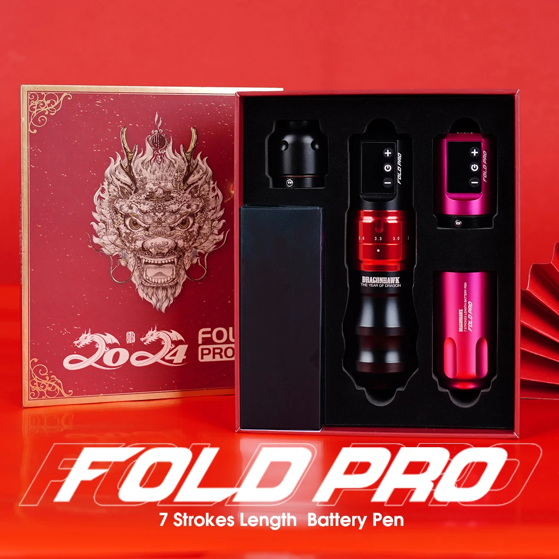 

Dragonhawk Fold Pro Dragon Year Limited Edition Wireless Tattoo Machine 7strokes 2.4-4.2mm 1500mAh 2 Batteries with Bigger Grip