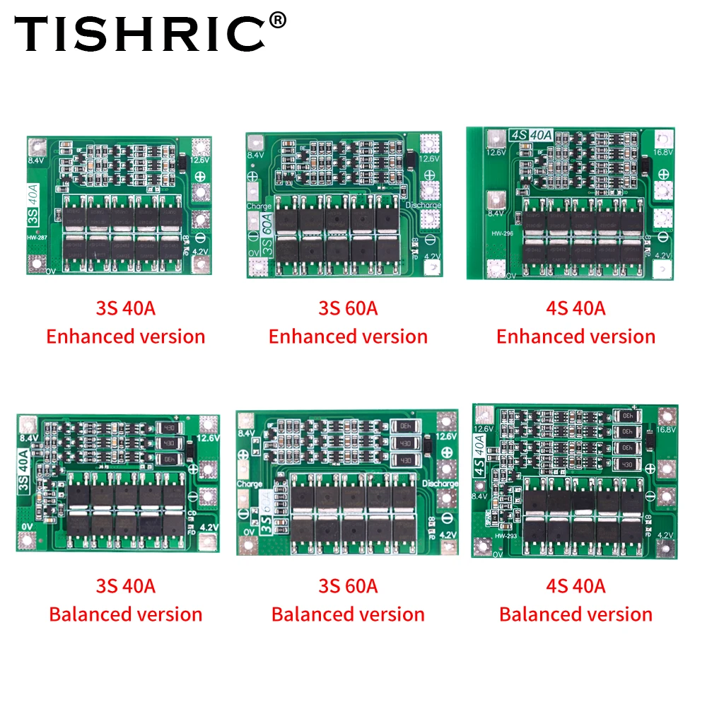 TISHRIC 3S 4S 40A 60A Li-ion Lithium Battery Charger Protection Board 18650 BMS  For Drill Motor 11.1V 12.6V/14.8V 16.8V