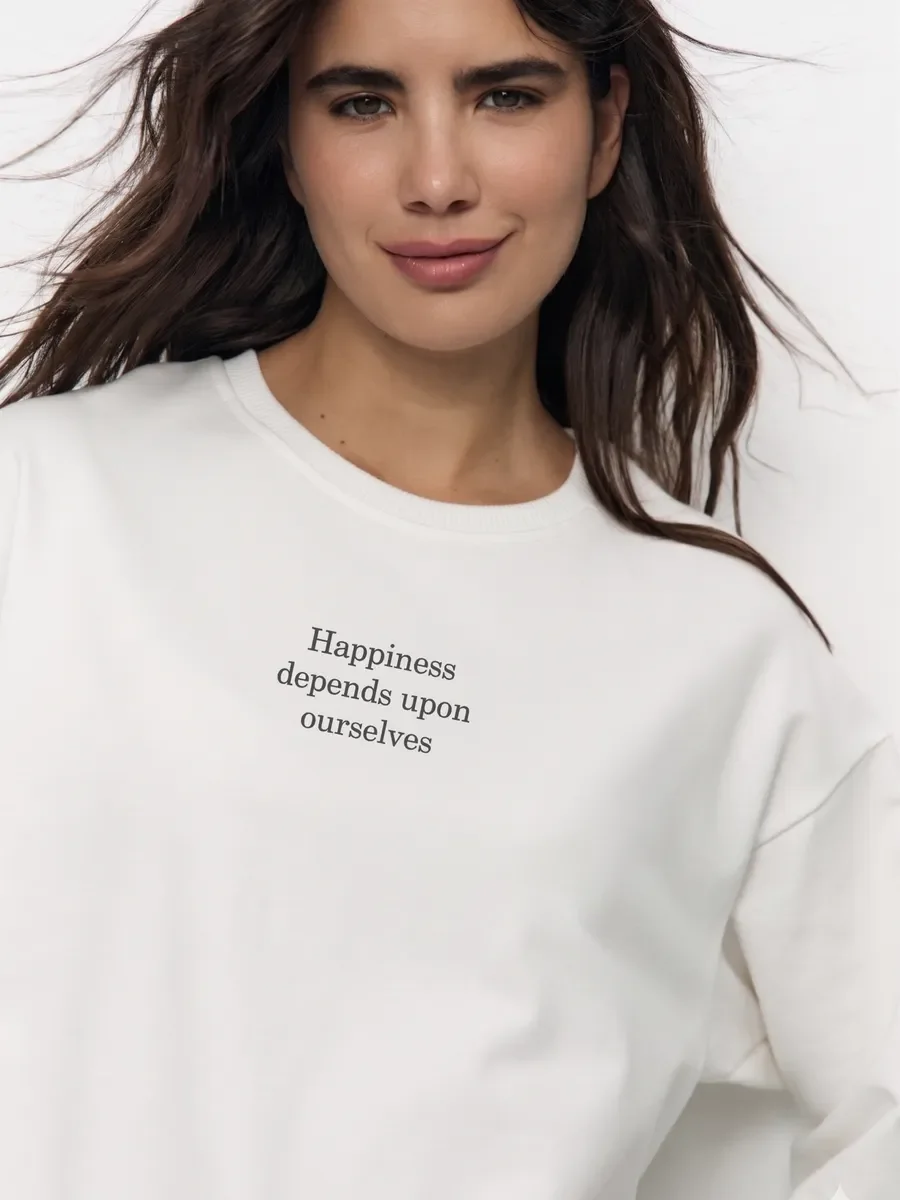 Autumn New Women Letter Printed T‑Shirt 100% Cotton Oversized  Long SleeveLoose Happiness Depends Upon Ourselves Casual Base Top