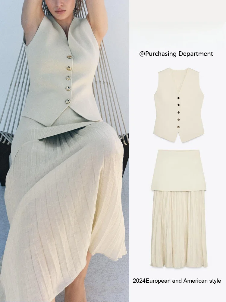 Spring New Arrival Women's Svel Vest Top 492003 75 Patchwork Skirt 49206 Faionable Two-Piece Set Long Pants V-Ne