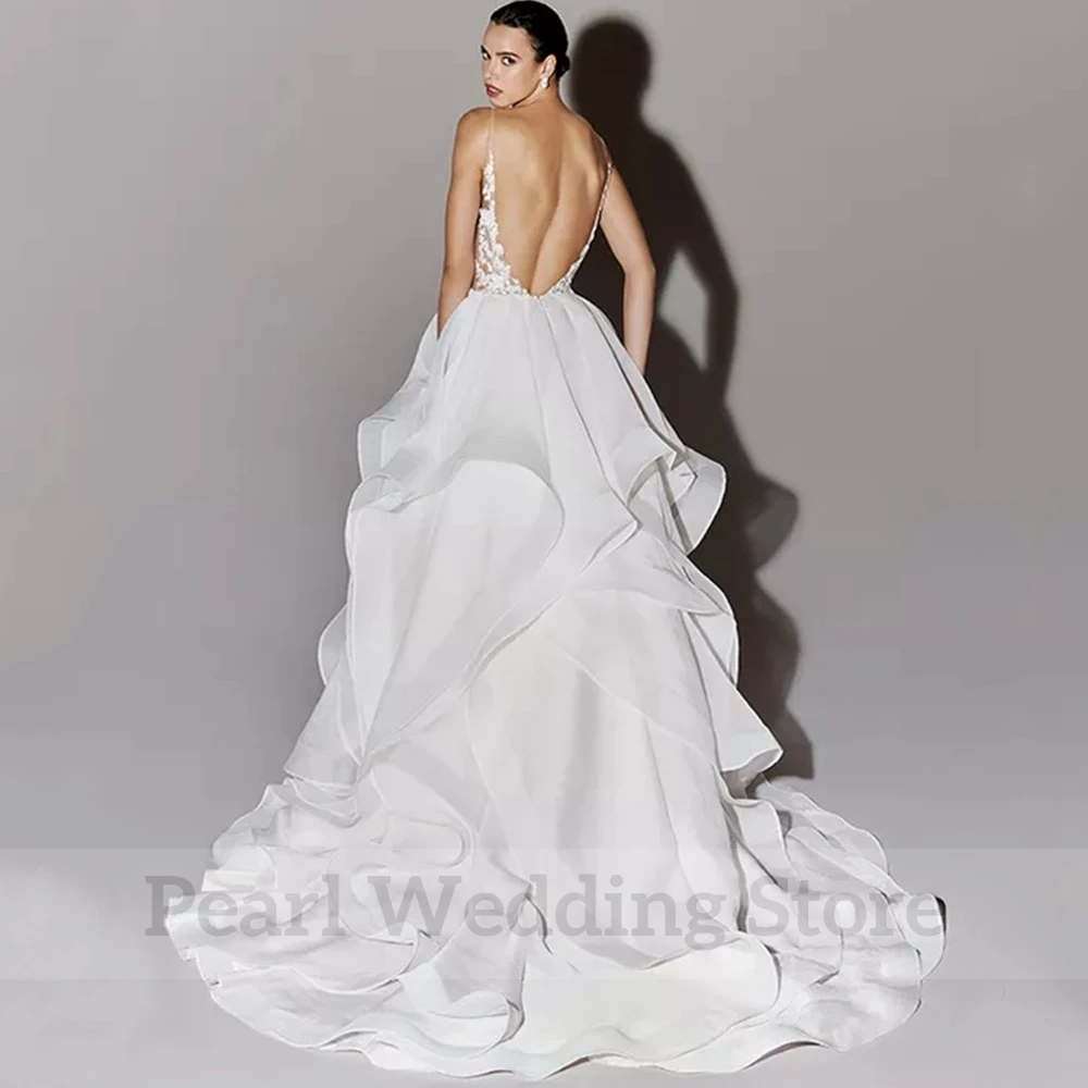 Elegant A-Line Irregular Wedding Dress Sleeveless Applique Floor Length Bridal Sexy Open Back with Sweep Train Bride Gowns