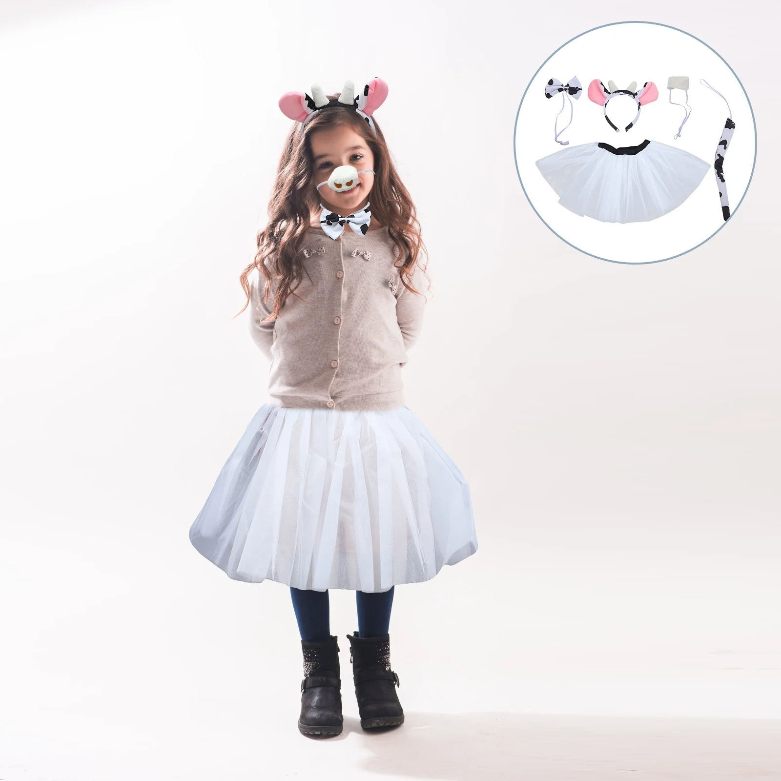 Zestaw Kostiumu Krowy Akcesoria do Cosplay Uroczy Motyw Zwierzęcy Opaska na Głowę Muszka Ogon Spódnica Nos Dekoracja na Halloween Prezent dla Dzieci