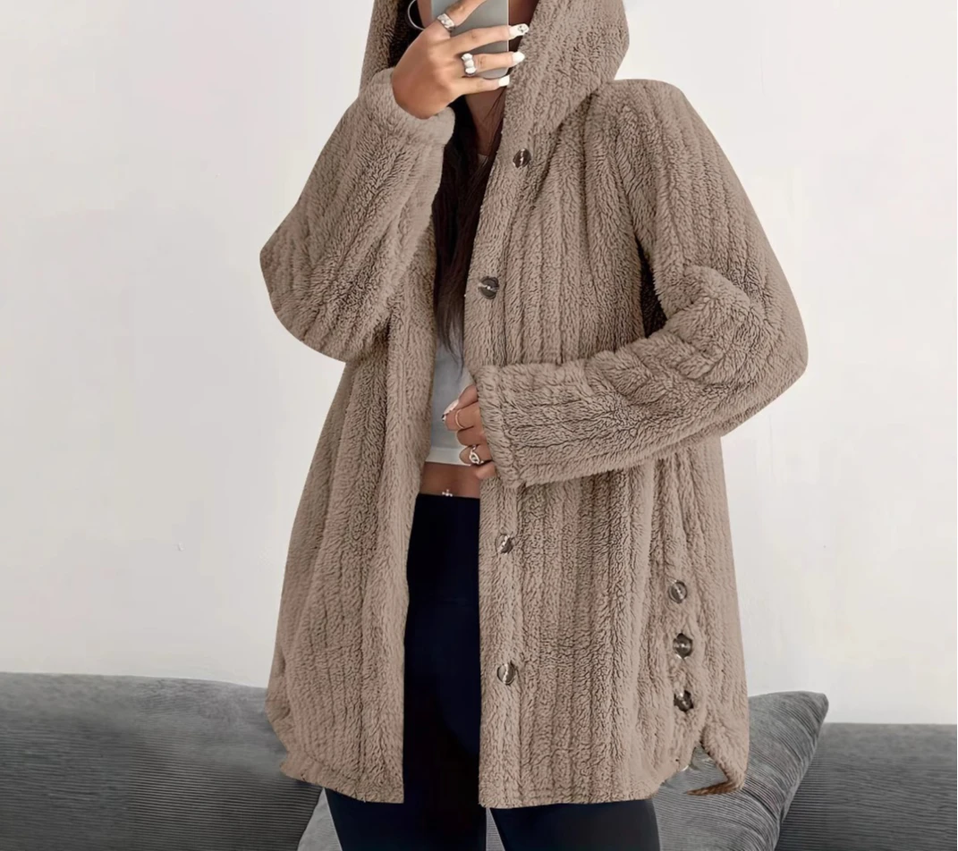 

2025 Autumn and Winter Women's Solid Color Long Sleeved Hooded Loose Plush Jacket