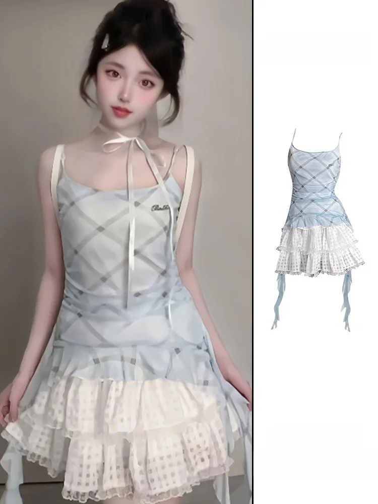 

Summer Vacation Sweet Style Women's Blue Plaid Vest Strap Lace Cake Skirt Half Skirt Set round Neck Two Piece Suit Fashionable