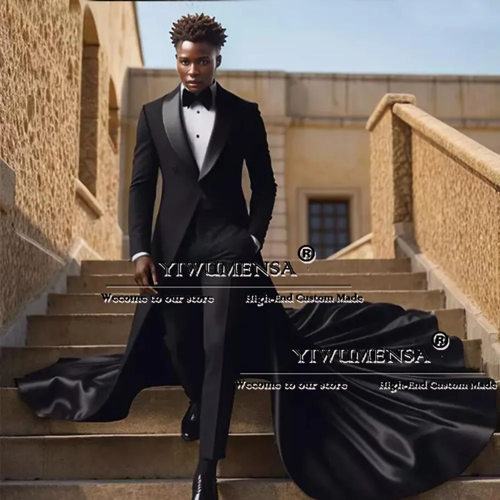 Elegant Groom Wear Tuxedo Black Shawl Lapel Prom Blazer With Long Train Bespoke 2 Pieces Set (Jacket Pants) Men Suits Slim Fit