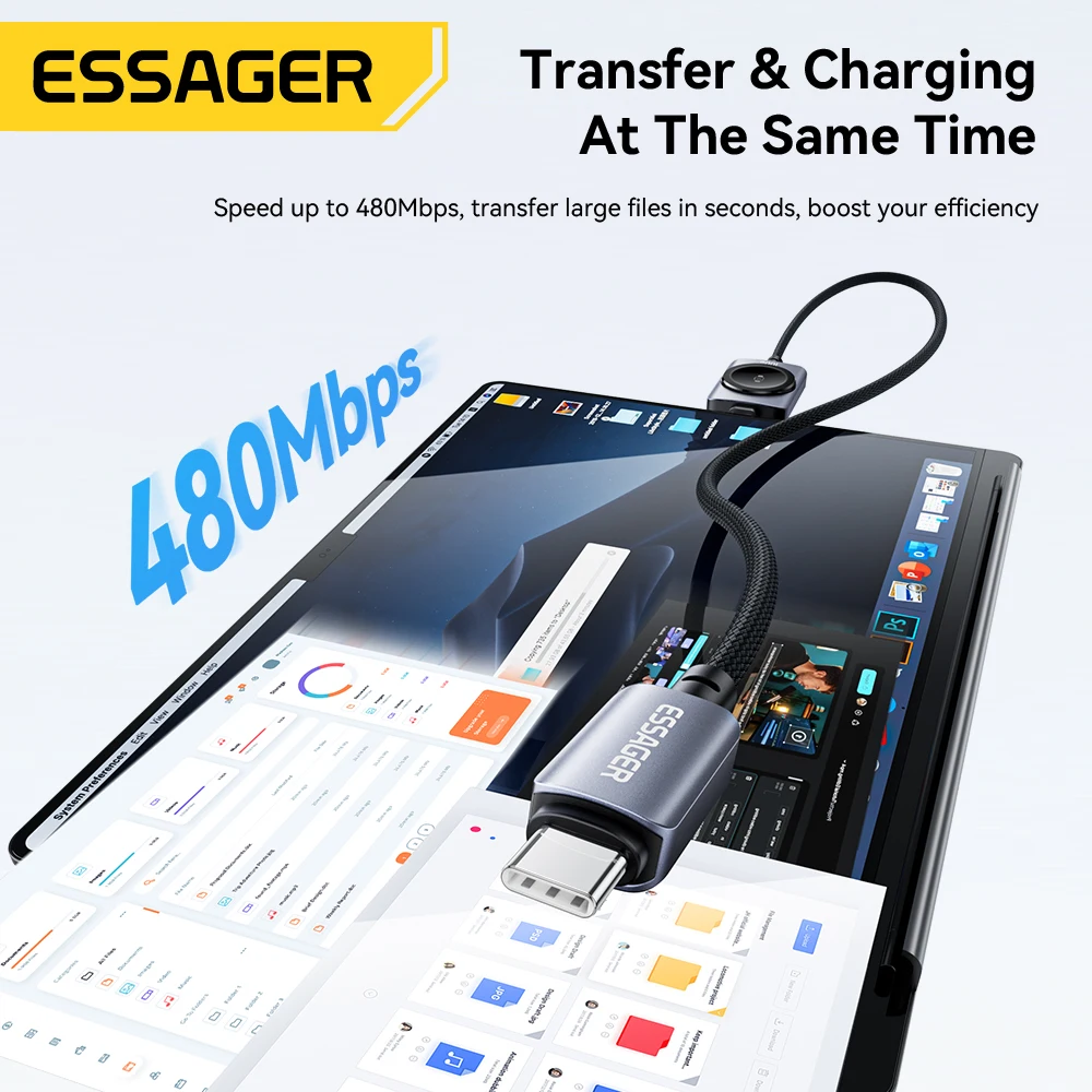 Kabel do ładowania zegarka Essager 2 w 1 do iPhone 17 16 Huawei Xiaomi Szybka ładowarka do zegarka Apple Watch Kabel do szybkiego ładowania 100W — zdjęcie produktu 4