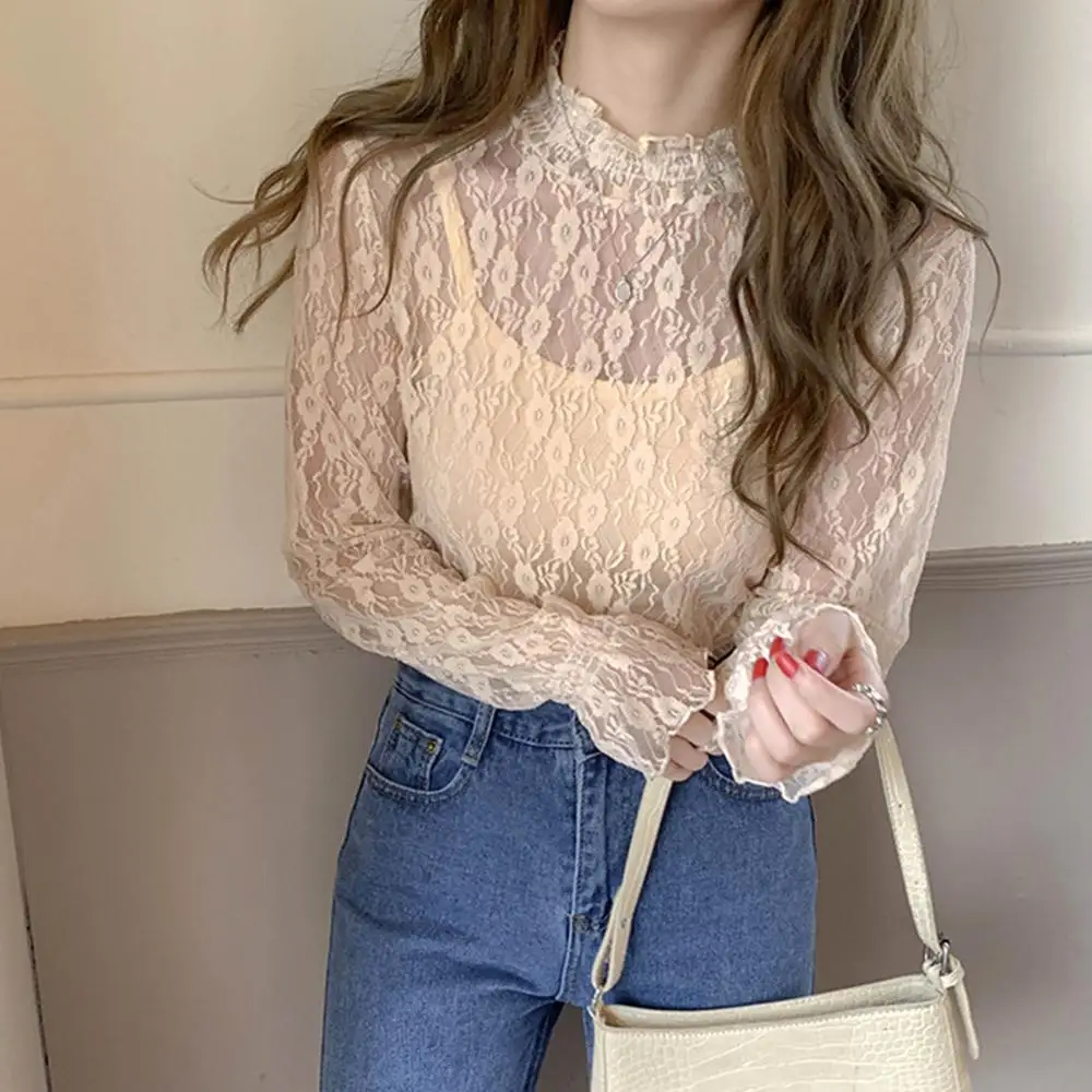 Sexy Women Long Sleeve Mock Neck Lace Sheer Plum Blossom Blouse Base T-shirt