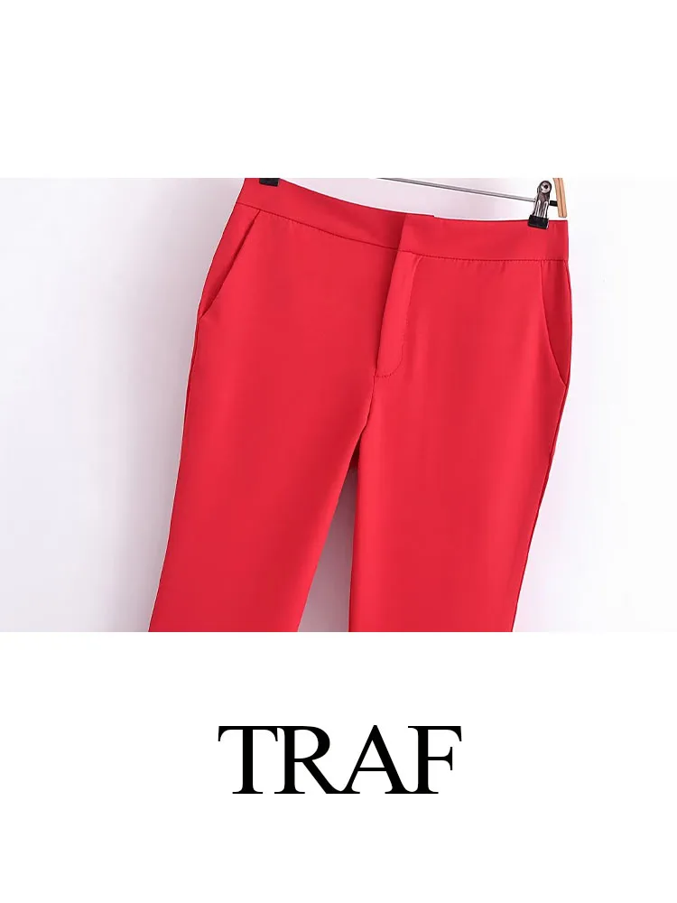 TRAF 2023 Autumn Woman Red Pants 2 Pieces Set Turn-Down Collar Sleeveless Pocket Belt Outerwear+ High Waist Zipper Trousers