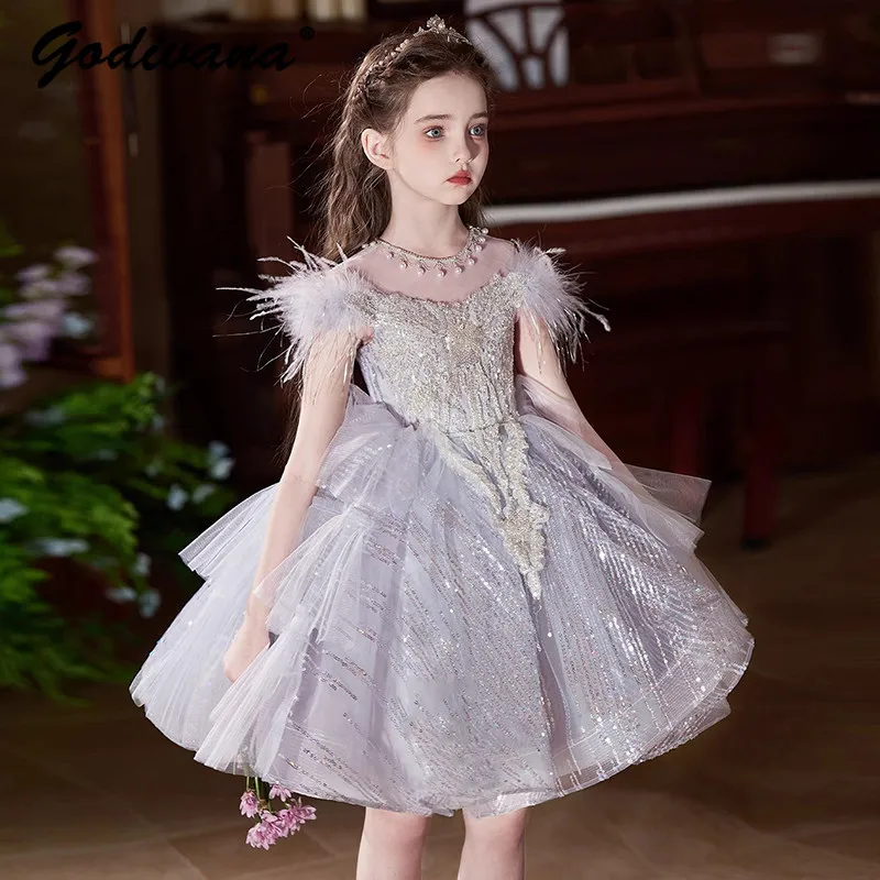 Girls High End Luxury Unique Princess Ball Gown Kids New Summer Fashion Feather Sequin High Waist Mesh Piano Performance Dress