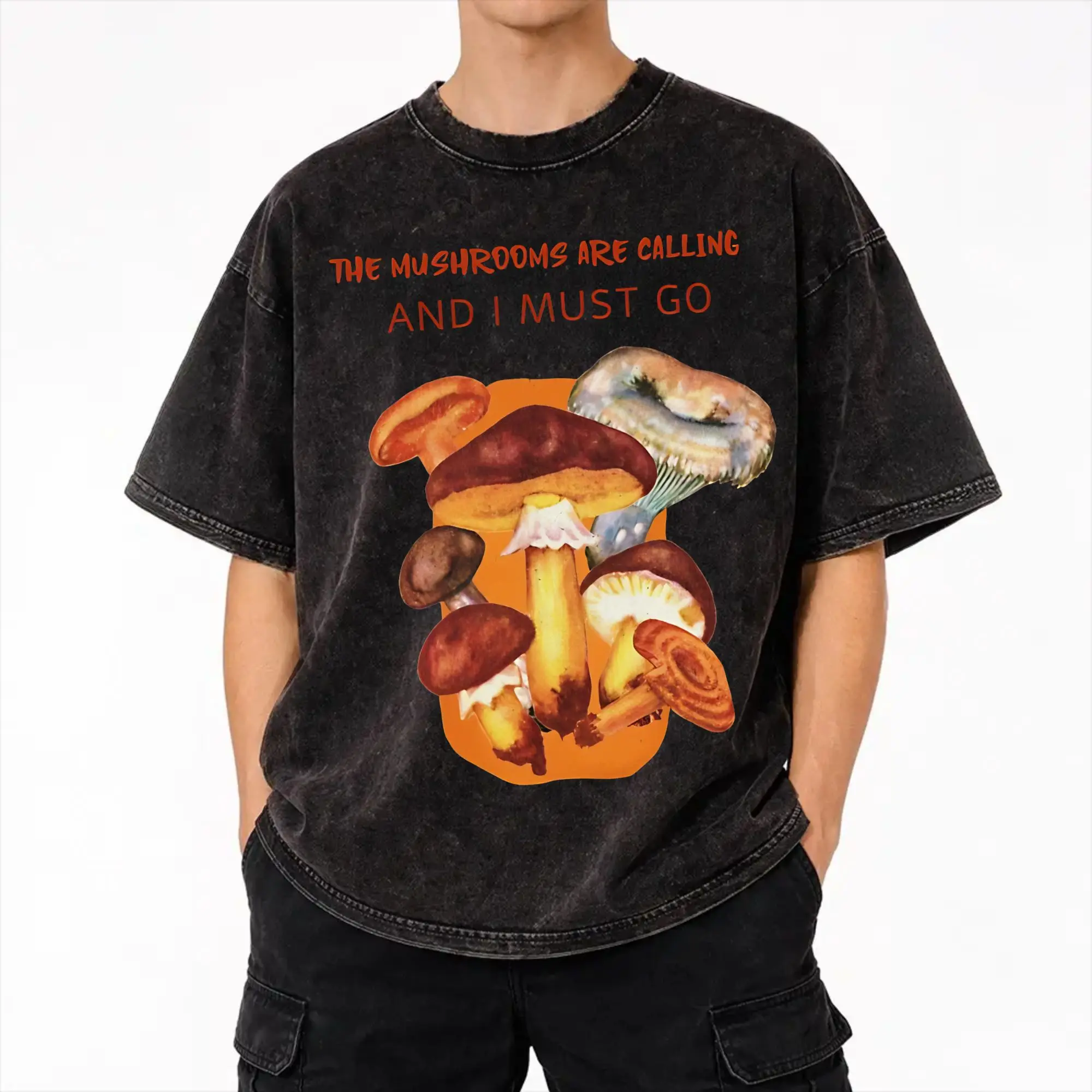 Mushrooms Are Calling Washed T Shirts Streetwear Hip Hop Vintage T-Shirt  Tees Tops Men Women Short Sleeve High Street
