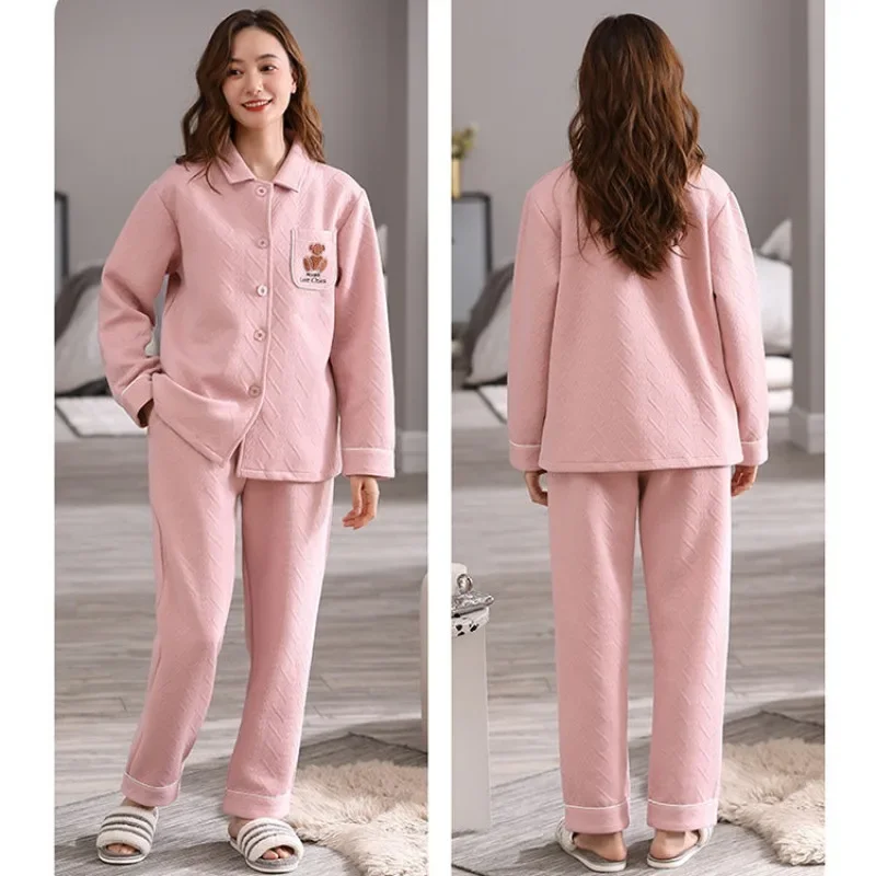 Loungewear de algodão sanduíche fino de três camadas para mulheres, Homewear quente, pijama espesso, puro, de meia idade, outono, inverno, novo, 2022