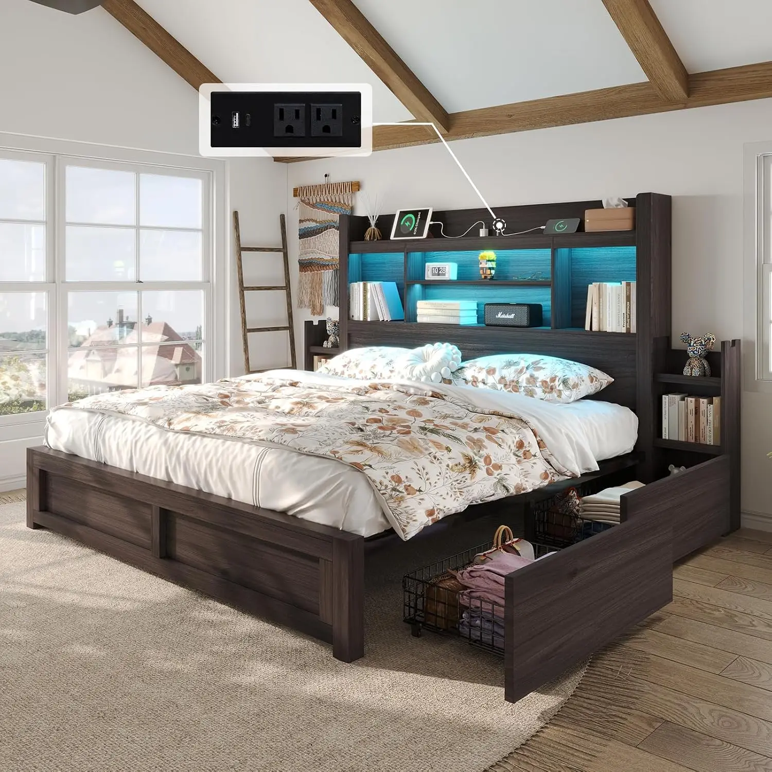 King Bed Frame Storage Bookcase Headboard Metal Platform No Box Spring Needed Bedroom Furniture, Customized image 3