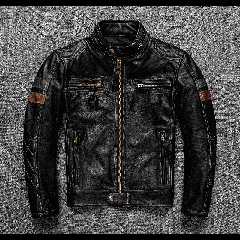 

Heavy-duty top-grain cowhide leather for men stand-up collar motorcycle suit casual with protective gear and