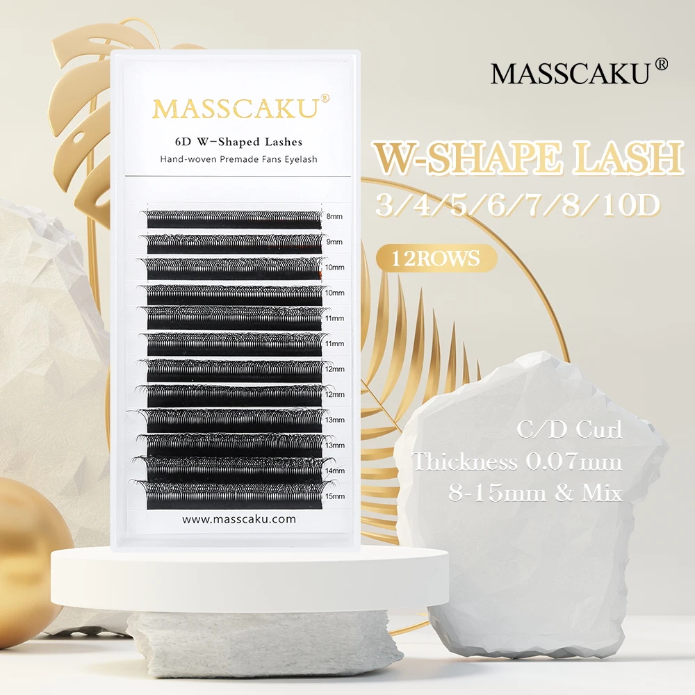 MASSCAKU 3D/4D/5D/6D W Form Clover Black Lashes Russisches Volumen C/CC/D/DD Curl Super natürliche weiche einzelne Wimpernverlängerungen – Detail 1