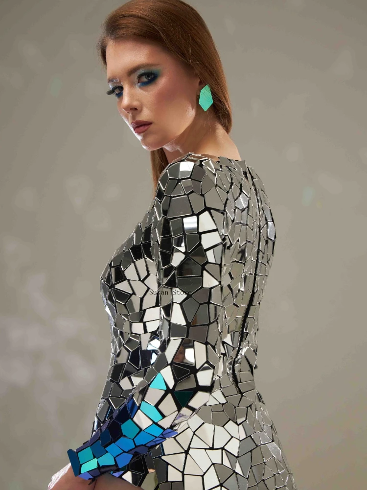 Silver and Scarab Mirror Slit Women Dress Long Evening Two-Tone Sequin Gown Festival Stage Performance Costume