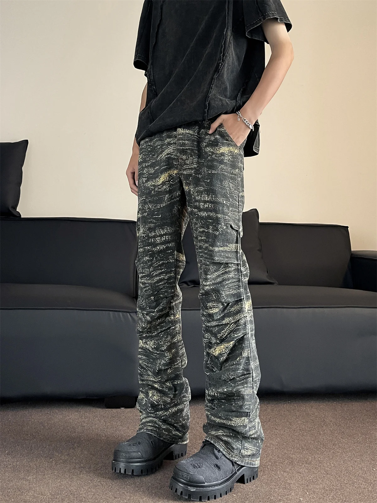 

Casual Camouflage Pleated Loose Men's Jeans Trendy Straight Leg Long Trousers Street Sle Wooutter Workwear Youth Faion