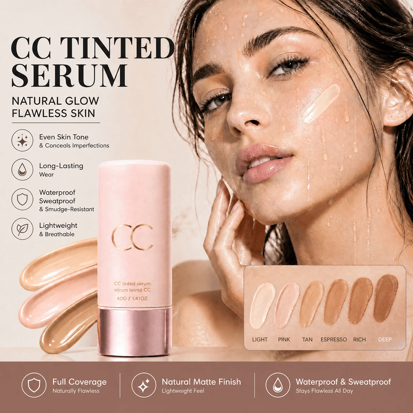 CC Color-Correcting Tinted Serum Lightweight Smooth Cover Blemishes Glow Face Makeup Matte Natural Finish for All Skin Cc Cream
