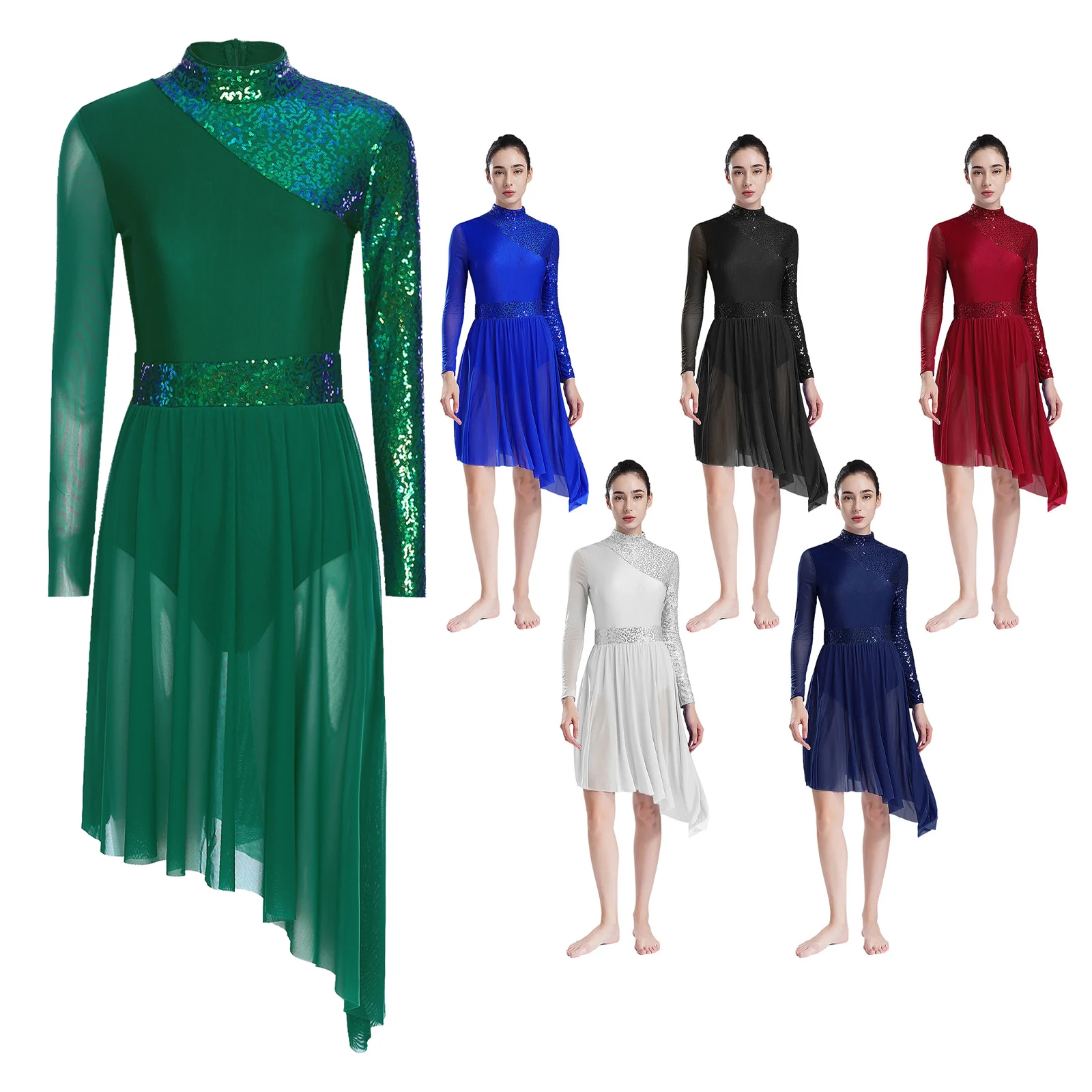 

Women Modern Lyrical Dance Dress Long Sleeve Sheer Mesh Shiny Sequin Leotard Dresses Ballet Figure Skating Gymnastics Dancewear