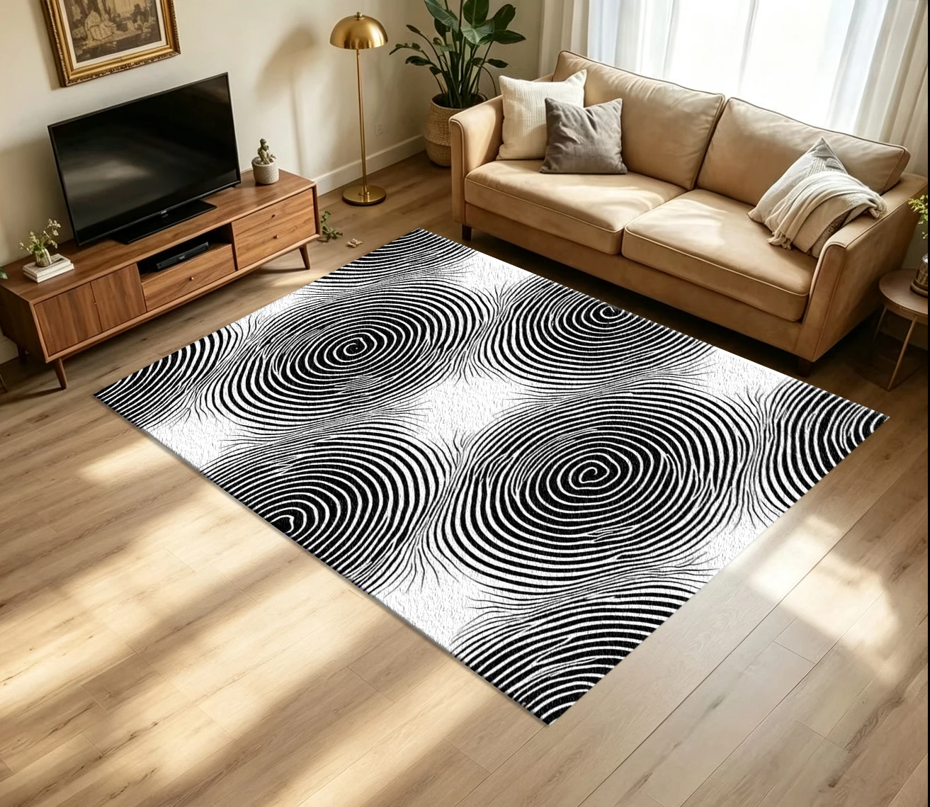 Black-White Wood Grain Swirl Carpet Flooring, Abstract Spiral Tree-Ring Non-Slip Floor Rug for Living Room Bedroom Modern Home Decor