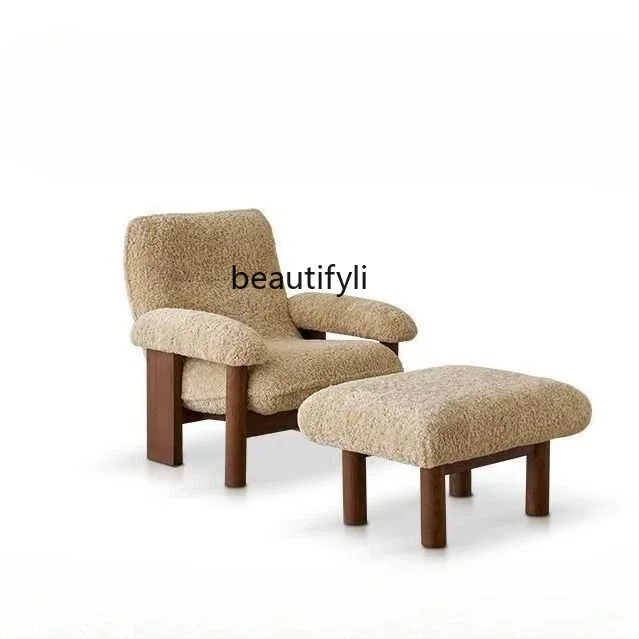 Leisure Chair French Retro Solid Wood Sofa Chair Cream Wind Lamb Fleece Single Sofa Chair