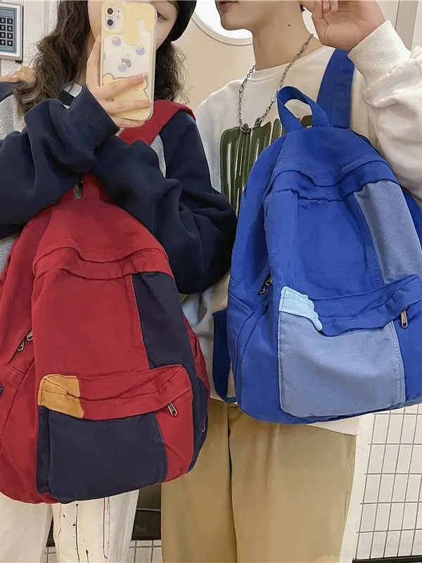Contrast Color Block Canvas Backpack Large Capacity Casual School Travel Rucksack for Student Daily Use