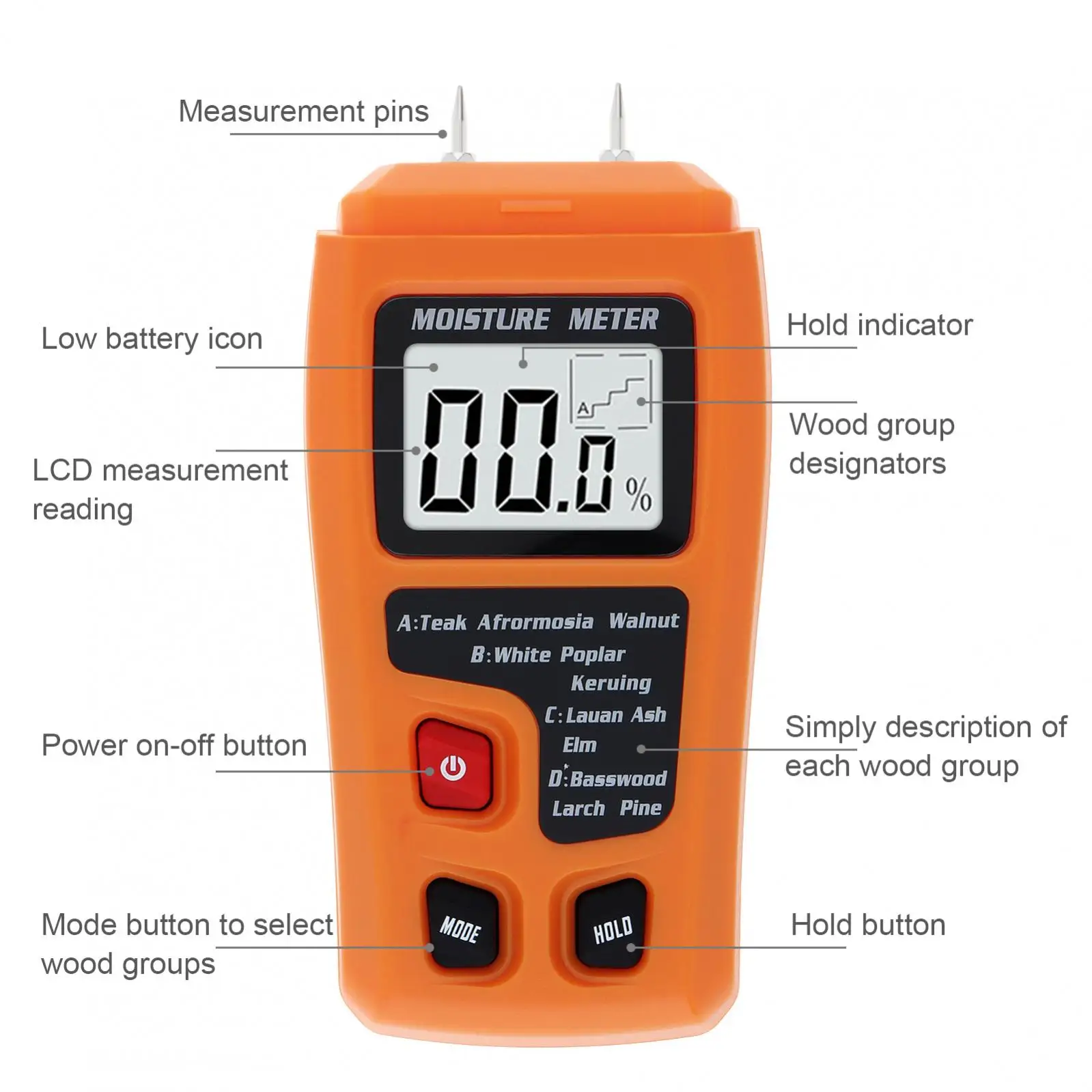 Misuratore di umidità 0-99.9% misuratore di umidità digitale per legno a due pin Tester di umidità per legno igrometro rilevatore di umidità per