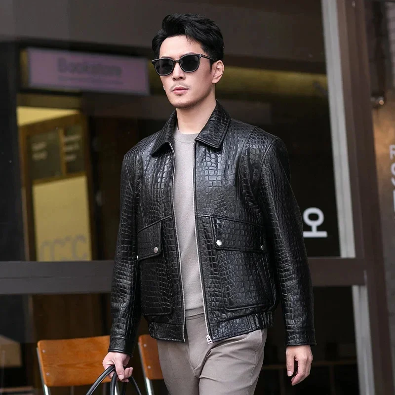 Crocodile Pattern Genuine Leather Jacket Men's Black Motorcycle Sheepskin Coat Autumn Trend Business Casual Clothes