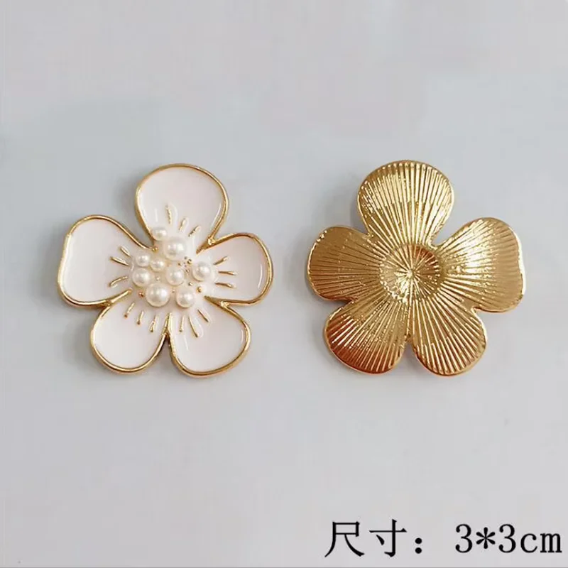 10PCS 3CM Pink White Flower Pearl Rhinestone Buttons Gold Alloy Flat Back Embellishment Button Decoration Accessories DIY Craft