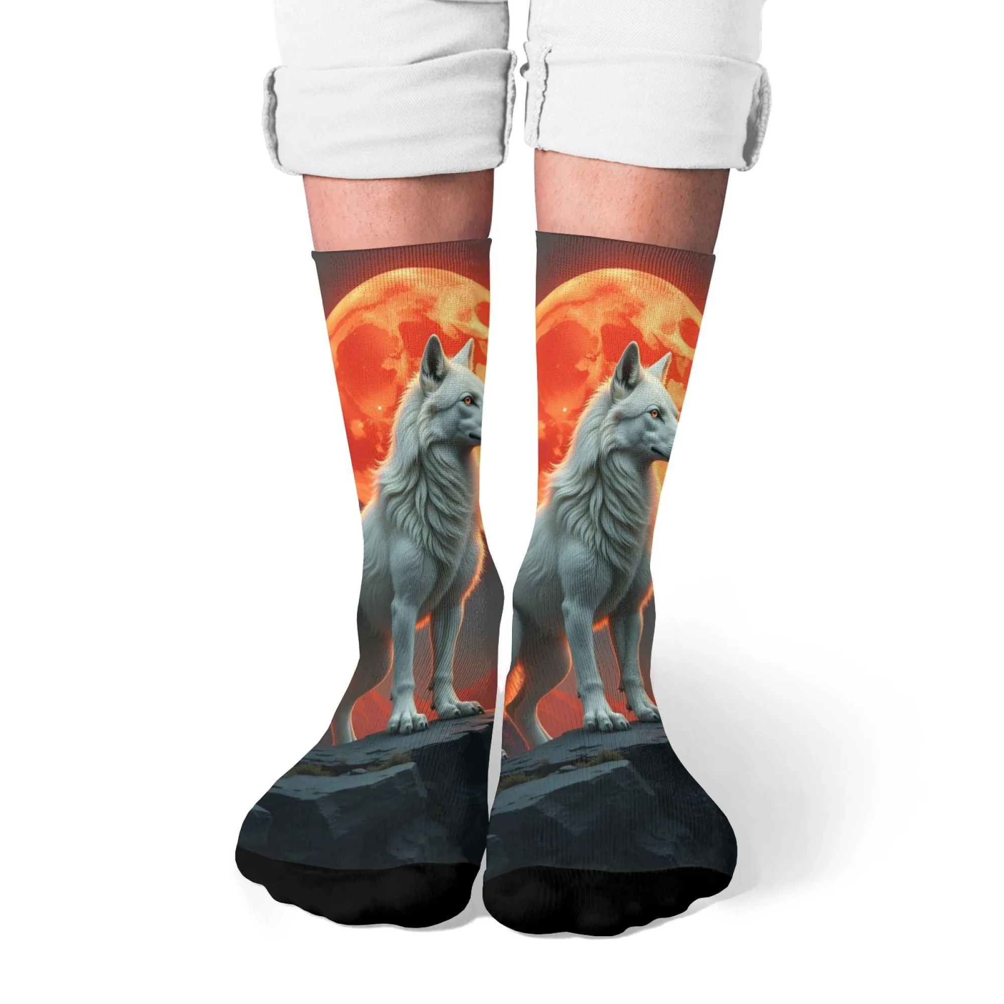Mystischer weißer Wolf und roter Vollmond-Socken mit neuartigem Design bis zur Mitte der Wade – Socken aus Baumwollmischung mit Naturthema für den täglichen Gebrauch und als Geschenk